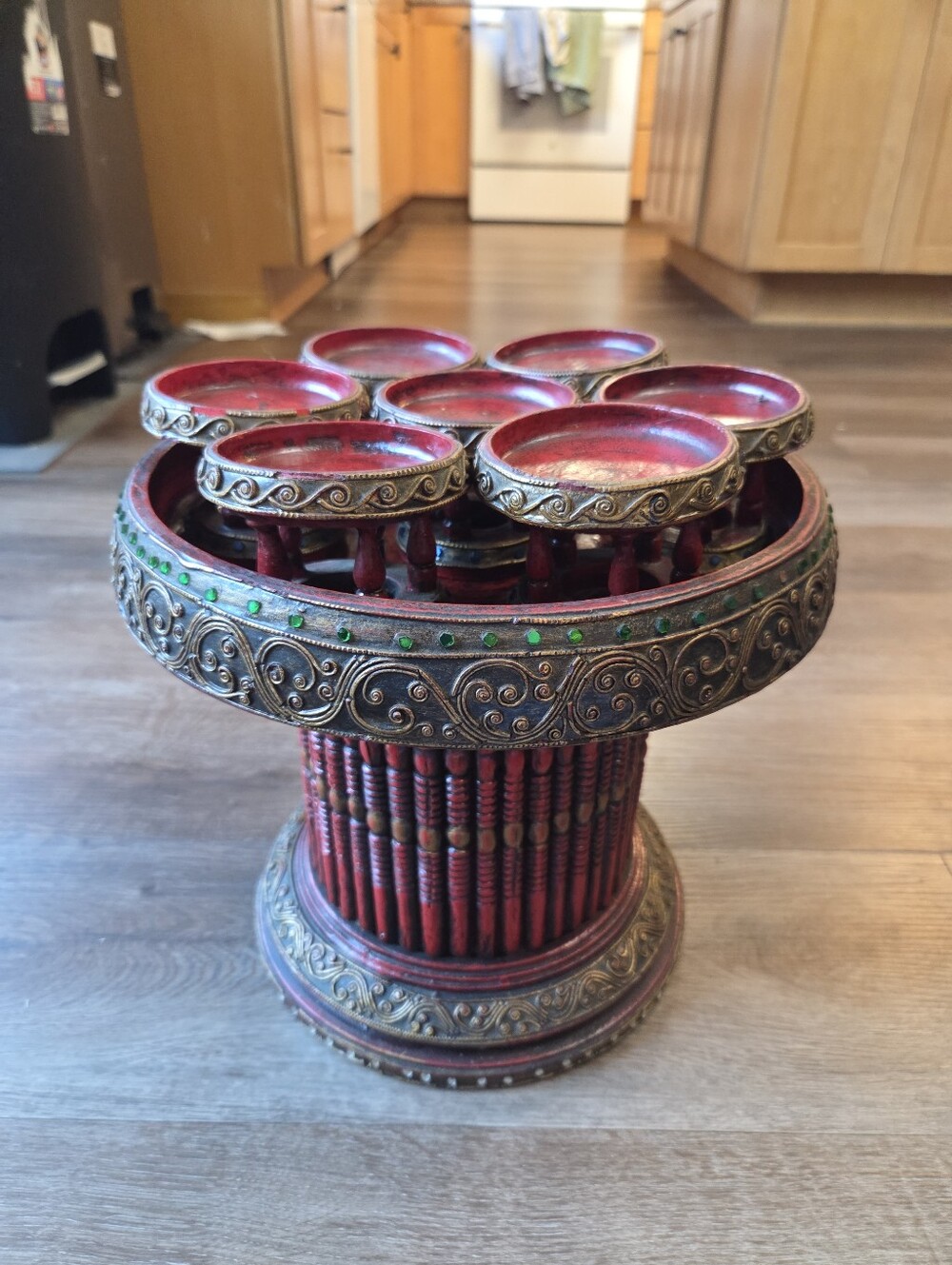 Vintage Wooden Traditional Thai Khantoke Serving Pedestal Tray, 7 Small Dishes